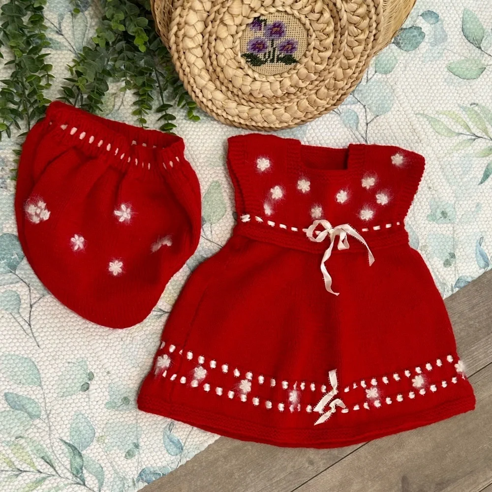 Red Knitted Baby Dress with White Accents
